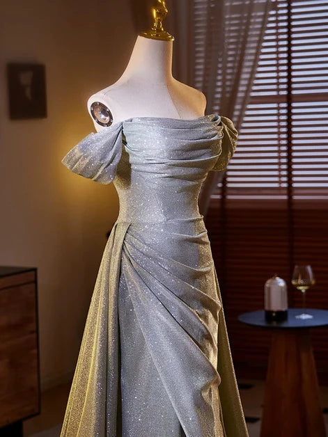Silver Glitter Fabric A-Line Off-the-Shoulder Lace-Up Back Floor-Length Dress