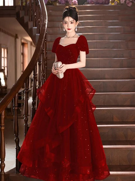 Burgundy Glitter Tulle & Velvet A-Line Sweetheart Zipper-Back Floor-Length Dress