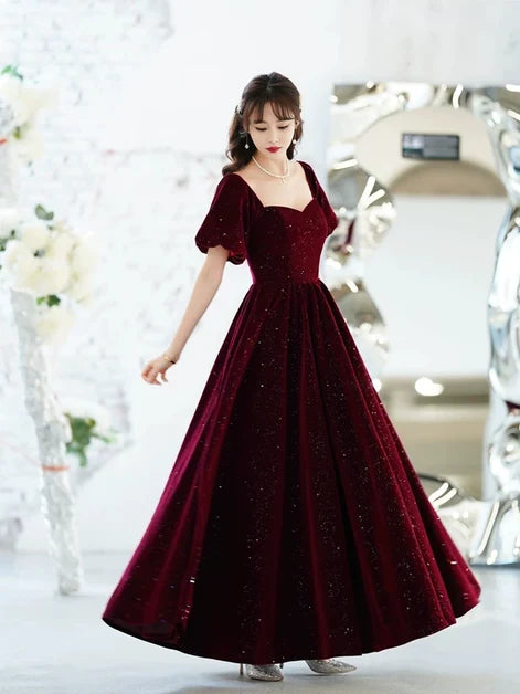 Burgundy Glitter Velvet A-Line Sweetheart Lace-Up Back Floor-Length Dress