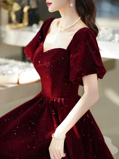 Burgundy Glitter Velvet A-Line Sweetheart Lace-Up Back Floor-Length Dress