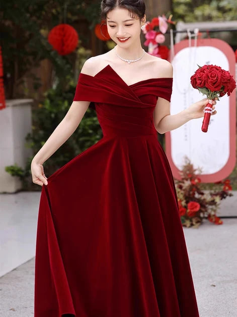 Burgundy Velvet A-Line Off-the-Shoulder Lace-Up Back Floor-Length Dress