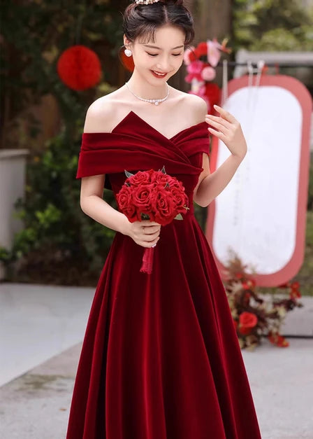 Burgundy Velvet A-Line Off-the-Shoulder Lace-Up Back Floor-Length Dress