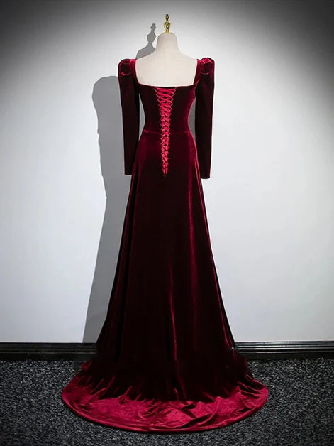 Burgundy Velvet A-Line Sweetheart Lace-up Floor-Length Dress