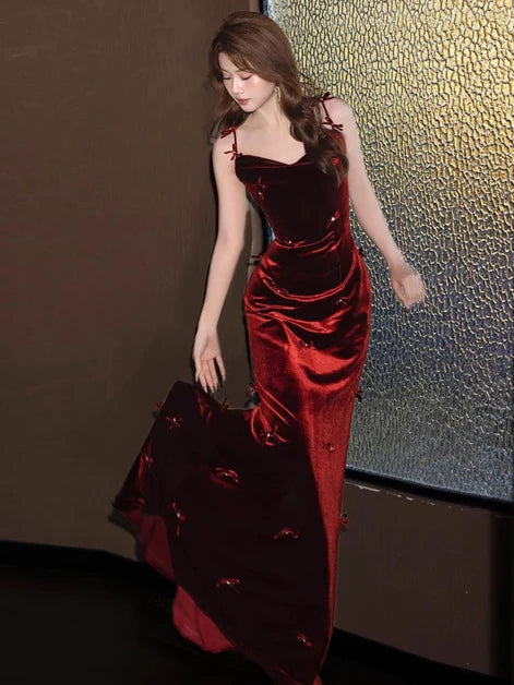 Burgundy Velvet Mermaid Cowl Neck Zipper Back Floor-Length Dress