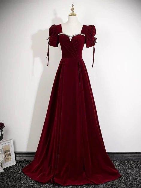 Burgundy Velvet A-Line Sweetheart Lace-Up Back Floor-Length Dress