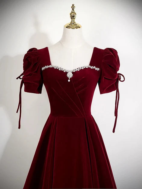 Burgundy Velvet A-Line Sweetheart Lace-Up Back Floor-Length Dress