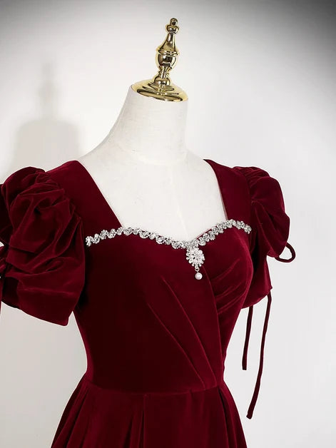 Burgundy Velvet A-Line Sweetheart Lace-Up Back Floor-Length Dress