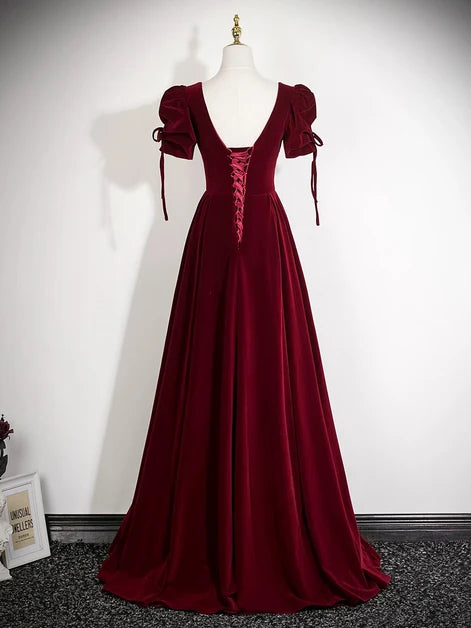 Burgundy Velvet A-Line Sweetheart Lace-Up Back Floor-Length Dress