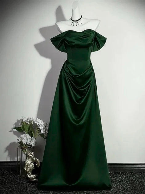 Emerald Green Satin A-Line Off-the-Shoulder Lace-Up Back Floor-Length Dress
