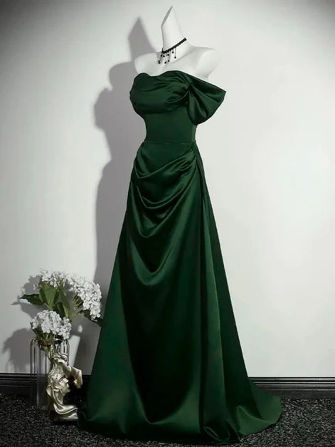 Emerald Green Satin A-Line Off-the-Shoulder Lace-Up Back Floor-Length Dress