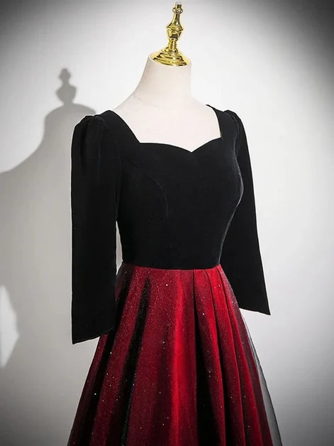 Burgundy Velvet and Glitter Tulle A-Line Sweetheart Floor-Length Dress