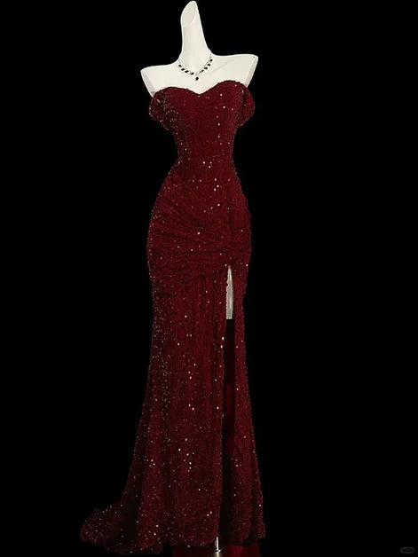 Burgundy Sequin Trumpet Off-the-Shoulder Lace-Up Back Floor Length Dress