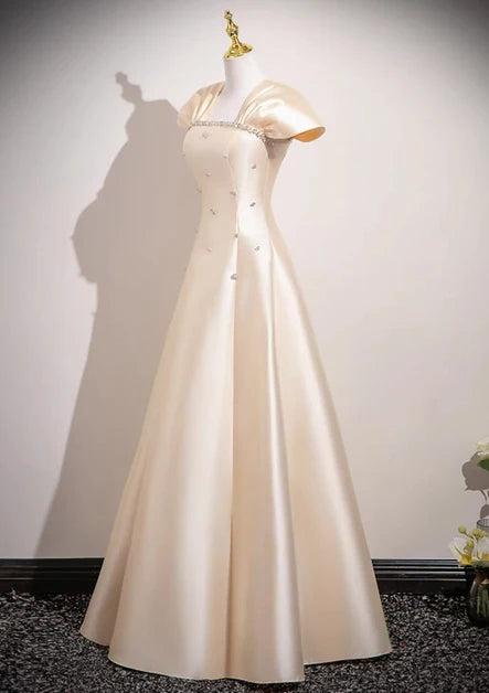 Champagne Satin A-Line Square Neck Lace-up Floor-Length Dress