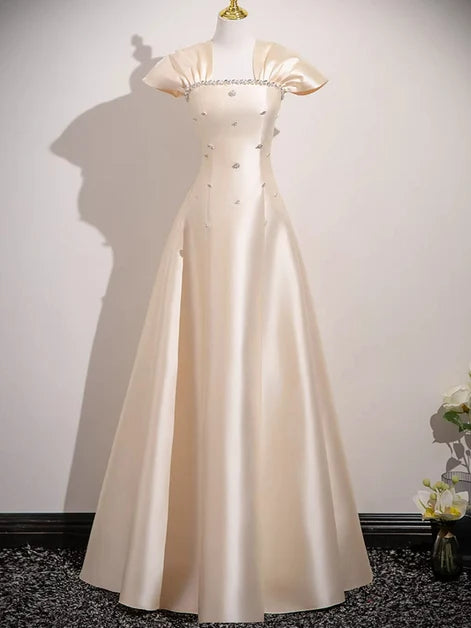 Champagne Satin A-Line Square Neck Lace-up Floor-Length Dress