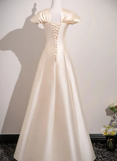 Champagne Satin A-Line Square Neck Lace-up Floor-Length Dress