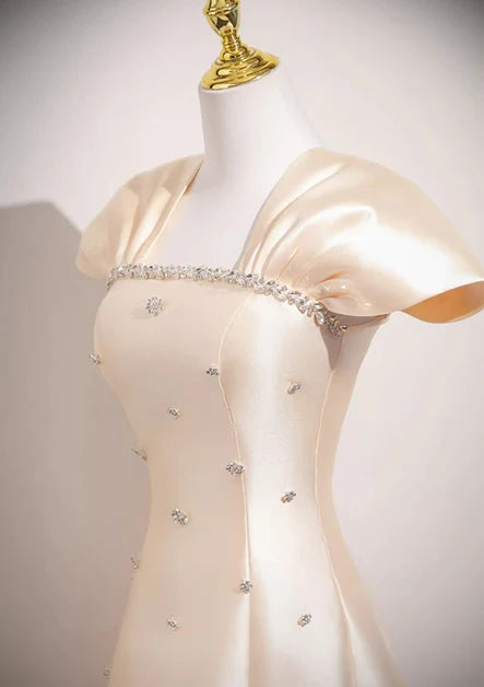 Champagne Satin A-Line Square Neck Lace-up Floor-Length Dress