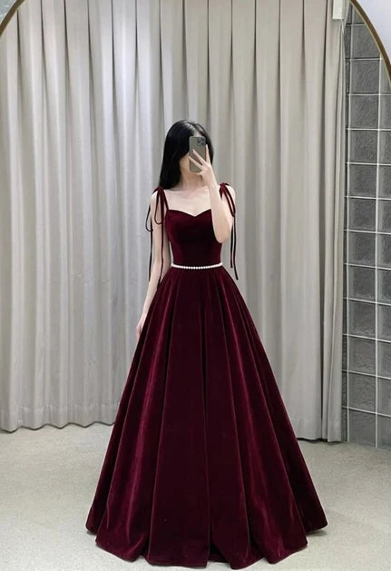 Burgundy Velvet A-Line Sweetheart Lace-Up Back Floor-Length Dress
