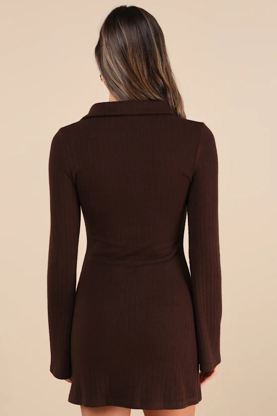 Espresso Stretch Knit Bodycon V-Neck High Back Mini Dress