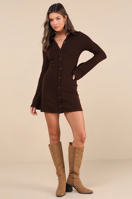 Espresso Stretch Knit Bodycon V-Neck High Back Mini Dress