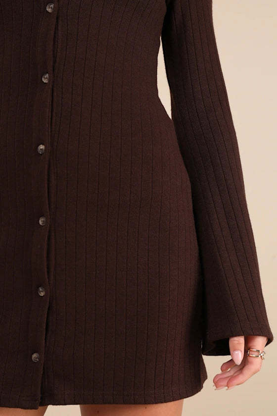 Espresso Stretch Knit Bodycon V-Neck High Back Mini Dress