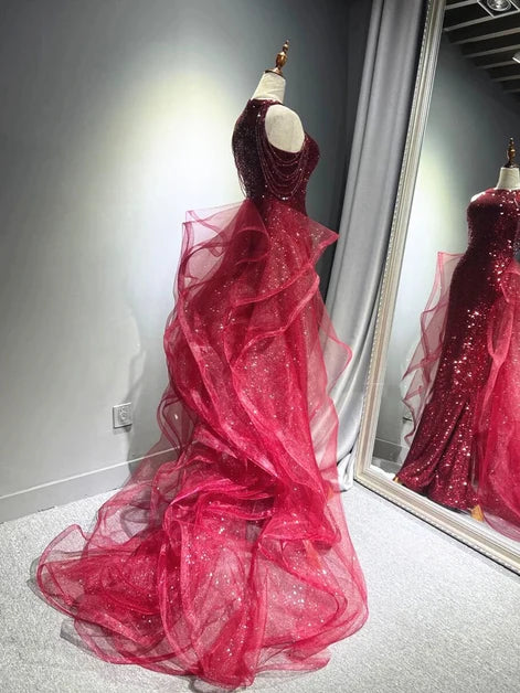 Burgundy Sequin & Glitter Tulle Mermaid Halter High Back Floor-Length Dress
