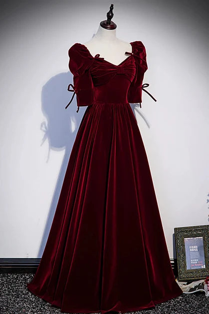 Burgundy Velvet A-Line Sweetheart Lace-Up Back Floor-Length Dress