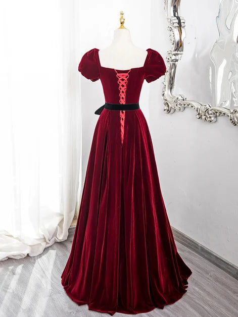 Burgundy Velvet A-Line Sweetheart Lace-Up Back Floor-Length Dress