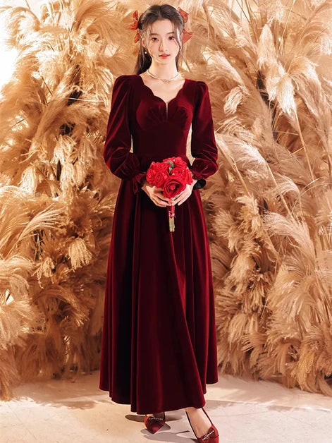 Burgundy Velvet A-Line Sweetheart V-Back Ankle-Length Dress