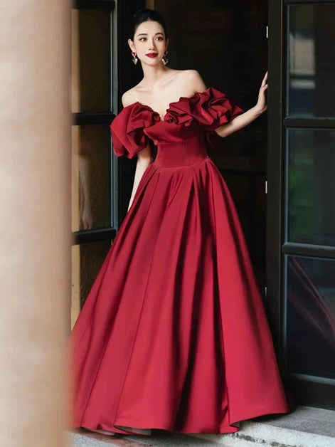 Burgundy Satin A-Line Off-the-Shoulder Low-Back Floor-Length Dress