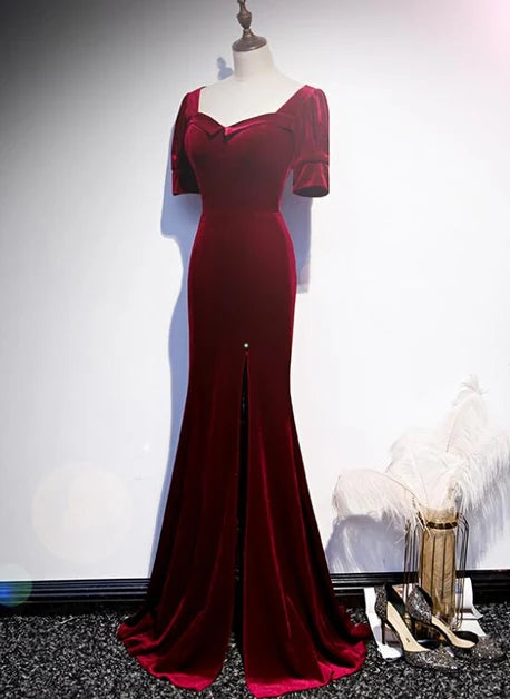 Burgundy Velvet Mermaid Prom Dress Square Neck Short Sleeves Front Slit