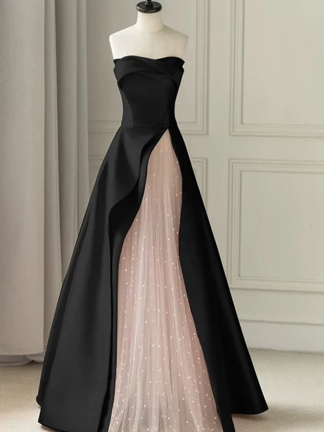 Black Satin A-Line Strapless Zipper Back Floor Length Dress