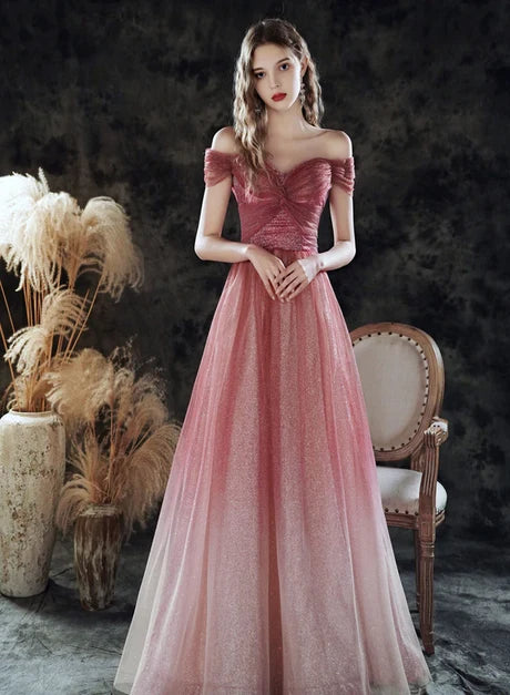 Romantic A-line Off Shoulder Short Sleeve Zipper Back Long Prom Dress