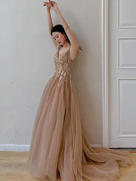 Romantic A-line V Neck Spaghetti Strap Lace Up Back Train Prom Dress