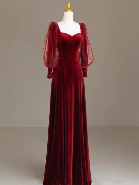 Burgundy Velvet A-Line Sweetheart Zipper Back Floor-Length Dress