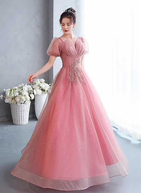 Sparkly A-line V-neck Puff Sleeve Lace Up Back Long Prom Dress