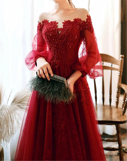 Burgundy Tulle Lace A-Line Illusion Neck Lace-Up Back Floor-Length Dress