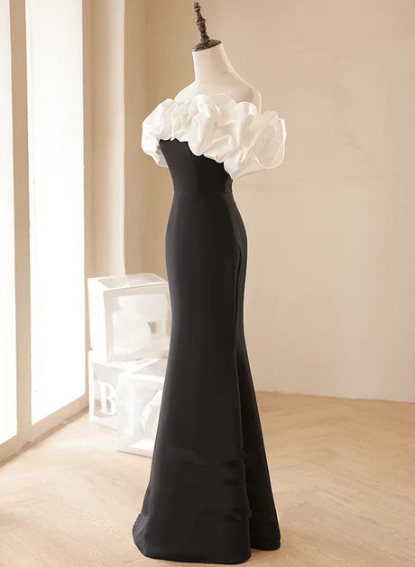 Black & White Satin Mermaid Off-the-Shoulder Lace-up Floor-Length Dress