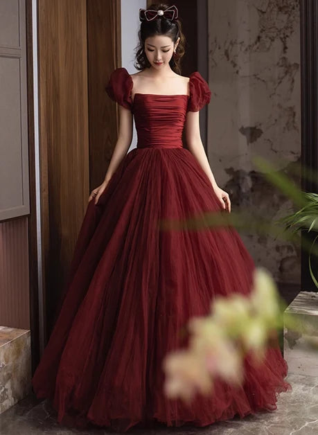 Burgundy Tulle ball-gown square-neck lace-up-back floor-length Dress