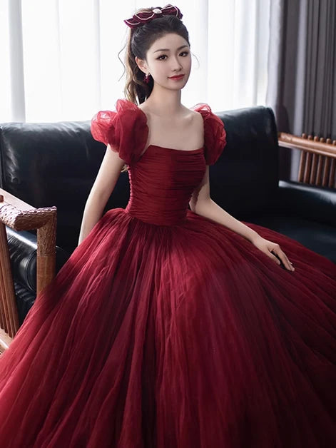 Burgundy Tulle ball-gown square-neck lace-up-back floor-length Dress