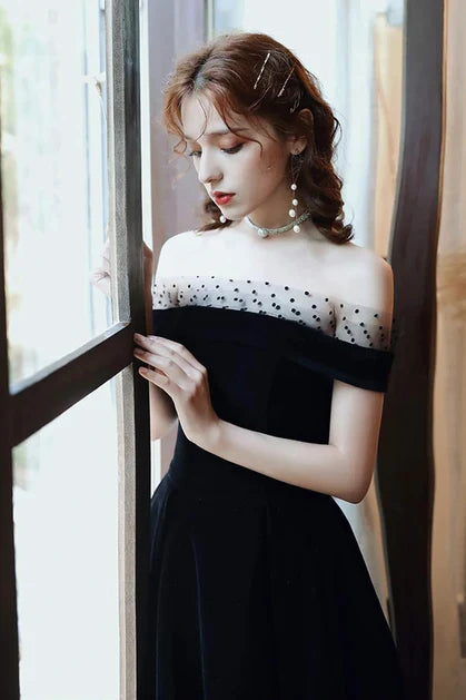 Black Velvet A-Line Off-the-Shoulder Lace-Up Back Ankle-Length Dress