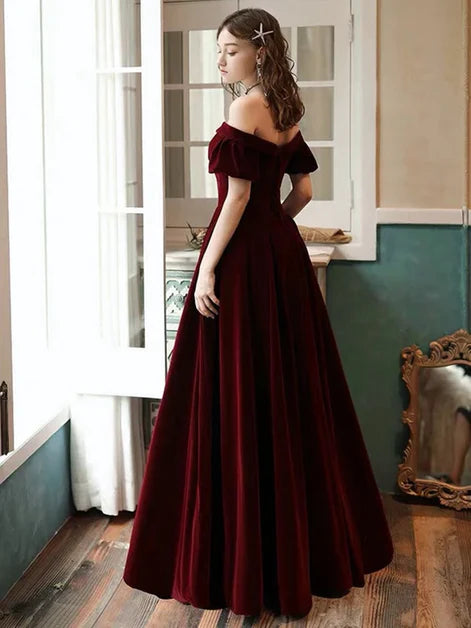 Burgundy Velvet A-Line Off-the-Shoulder Zipper Back Floor-Length Dress