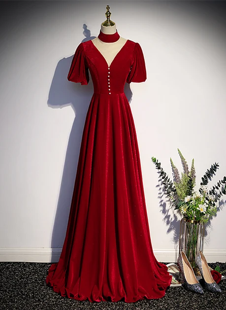 Burgundy Shimmer Velvet A-Line V-Neck Zipper Back Floor-Length Dress