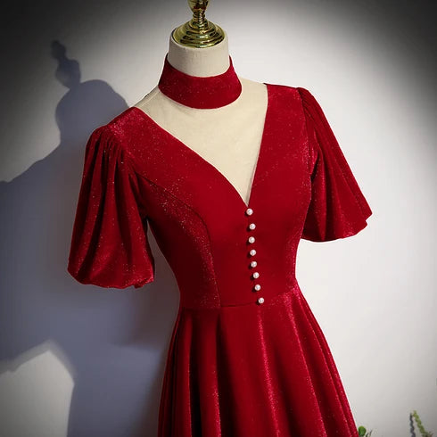 Burgundy Shimmer Velvet A-Line V-Neck Zipper Back Floor-Length Dress