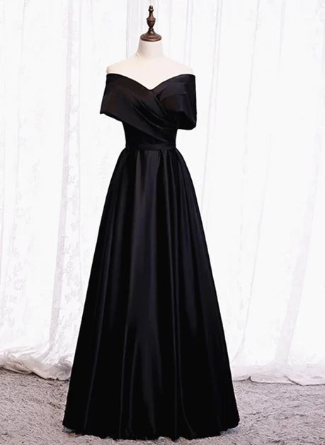Black Satin A-Line Off-the-Shoulder Lace-Up Back Floor-Length Dress