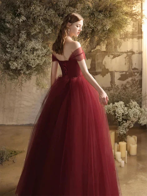 Burgundy Tulle Ball Gown Sweetheart Lace-Up Back Floor-Length Dress