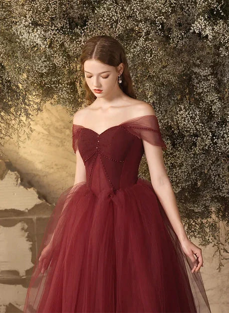 Burgundy Tulle Ball Gown Sweetheart Lace-Up Back Floor-Length Dress