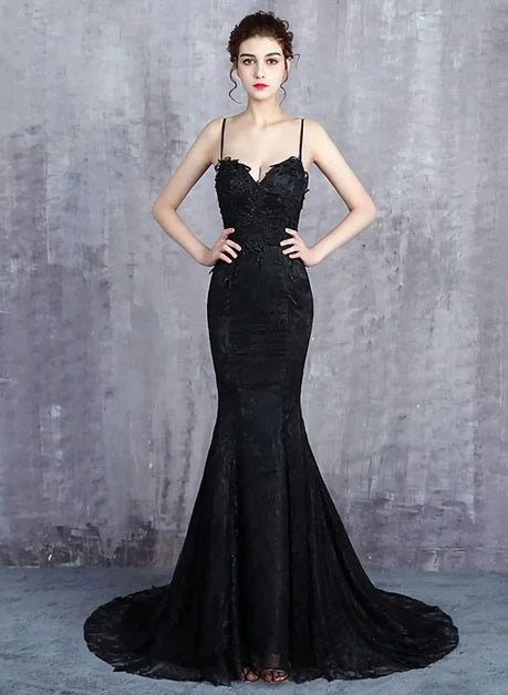 Black Lace Mermaid Sweetheart Open Back Floor-Length Dress