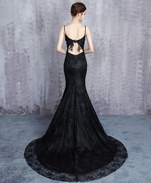 Black Lace Mermaid Sweetheart Open Back Floor-Length Dress