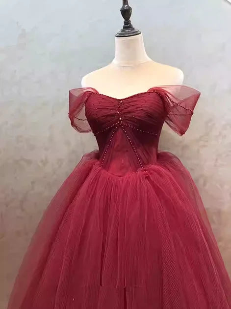 Burgundy Tulle Ball Gown Sweetheart Lace-Up Back Floor-Length Dress