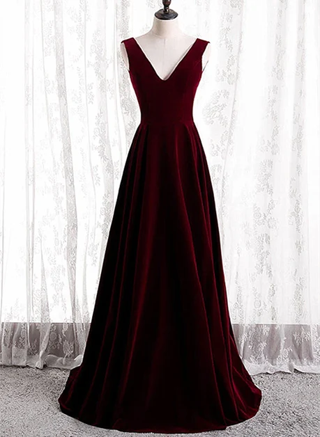 Burgundy Velvet A-Line V-Neck V-Back Floor-Length Dress